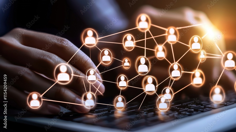Poster connecting with digital networking engaging users through technology in a virtual workspace