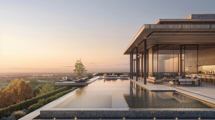 Fototapeta premium Modern luxury home with infinity pool overlooking scenic landscape at sunset.