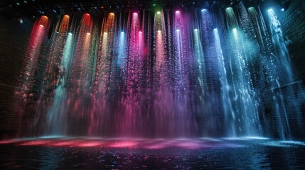 Colorful water curtain illuminated with vibrant lights at night.
