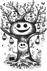 Happy smiling tree with lightbulbs, child, background doodles, graphic design.