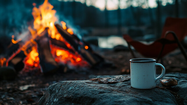 Cozy campfire with a cup of coffee at dusk in a wooded area. 