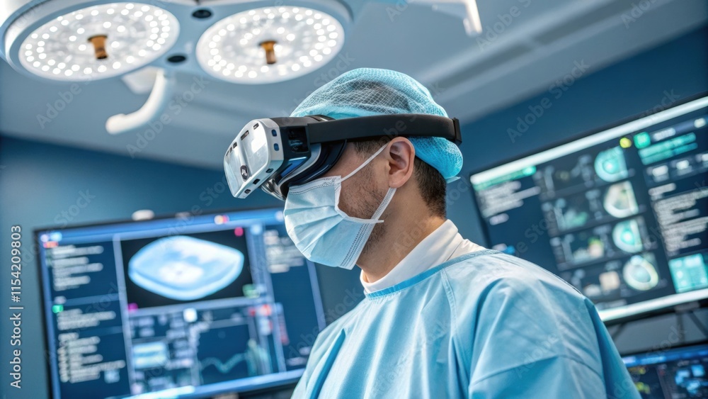 Poster surgeon wearing an augmented reality headset and surgical mask is performing a complex medical proce