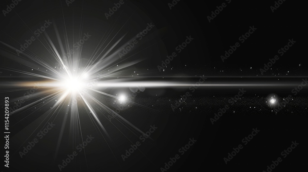 Poster a bright light source with rays and particles against a dark background, creating a cosmic effect.