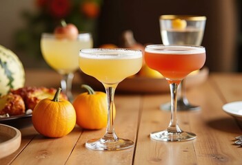 Three cocktails on a wooden table with pumpkins and snacks