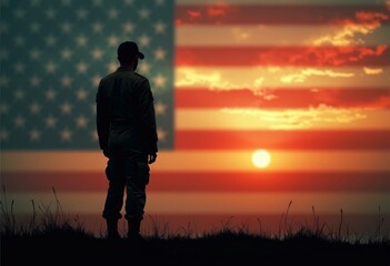 A silhouetted figure stands facing the American flag at sunset.