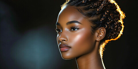 Elegant portrait of a black model with braided hair in contemporary African fashion, perfect for fashion promotions, cultural events, and diversity campaigns.