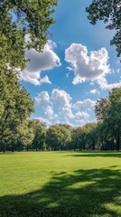 beautiful wooded park with a blue sky with clouds with copy space vertically 9:16