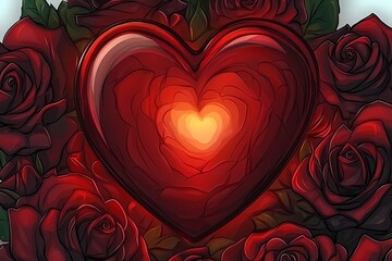 Heart Shaped Symbol Surrounded by Deep Red Roses Petals