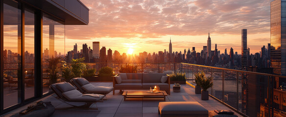 Cozy rooftop terrace at sunset overlooking new york city skyline with comfortable seating