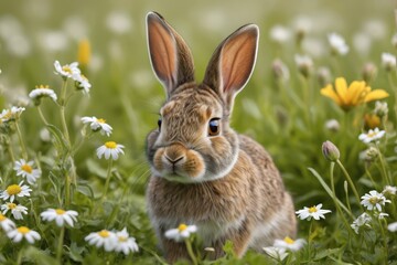 there is a rabbit that is sitting in the grass with flowers