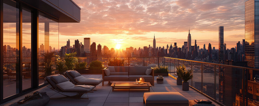 Cozy rooftop terrace at sunset overlooking new york city skyline with comfortable seating - Powered by Adobe