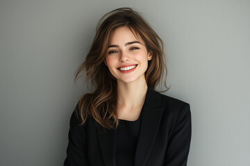 Obraz premium Happy Young Business Woman Smiling Confidently in Professional Attire Posing Against Grey Background