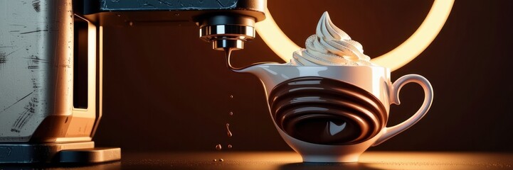 A 3D printer crafting a gourmet hot chocolate with whipped cream in a swirled ceramic mug