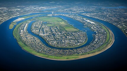 Aerial view of a horseshoe-shaped island with residential areas and a river.