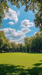 beautiful wooded park with a blue sky with clouds with copy space vertically 9:16