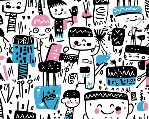 Joyful Doodle Characters Party Background Illustration.