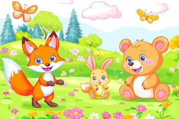 Naklejka premium Cute Cartoon Animals in Bright Green Meadow with Flowers and Butterflies