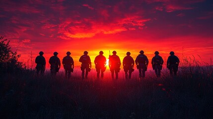 Fototapeta premium Soldiers silhouetted against a stunning sunset military tribute outdoor scene inspirational viewpoint