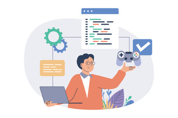 Video game developer web concept with flat cartoon people for website design. Man creating new game project, programming and coding, works with algorithm and processes at laptop. Vector illustration.