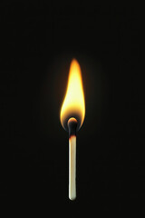  International Matchstick Day celebrated on March 2, a single matchstick burning with a bright flame, isolated on a solid black background with ample copy space, representing light, creativity 