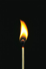  International Matchstick Day celebrated on March 2, a single matchstick burning with a bright flame, isolated on a solid black background with ample copy space, representing light, creativity 