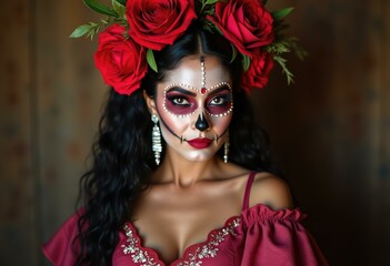Obraz premium A woman with sugar skull makeup and red roses in her hair looks intensely at the camera.