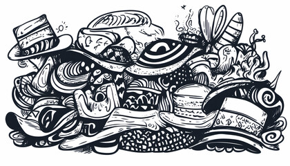 Monochrome Doodle Hat Illustration Background Design.
