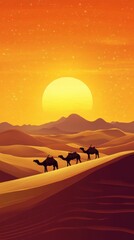 Fototapeta premium Sunset over a desert with golden sand dunes and silhouetted cacti. A powerful depiction of solitude and beauty in the vast desert landscape, symbolizing peace. HD phone wallpaper.
