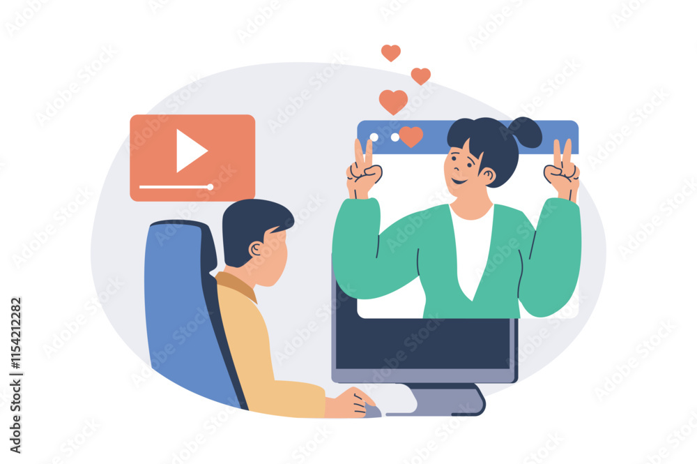 Fototapete video streaming web concept with flat cartoon people for website design. man watching live broadcast