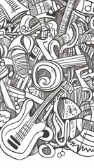Obraz premium Musical Instrument Doodle Background, Graphic Design, White, Pattern, Illustration.
