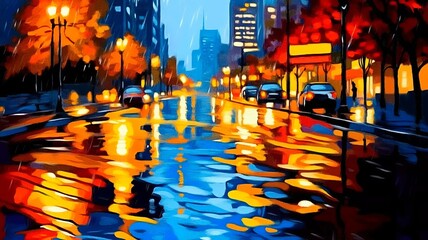 Obraz premium Moody Urban Nightscape with Rain Reflections in Impressionist Style
