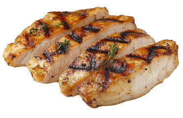 grilled chicken breast slices on white background