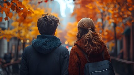 Fototapeta premium Autumn Stroll: Couple Walking Through City