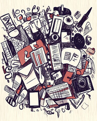 Overwhelmed Office Worker Desk Chaos Illustration, Papers, Gadgets Background, Project Management Concept.