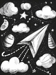 Paper airplane flying night sky stars clouds hand-drawn illustration design.