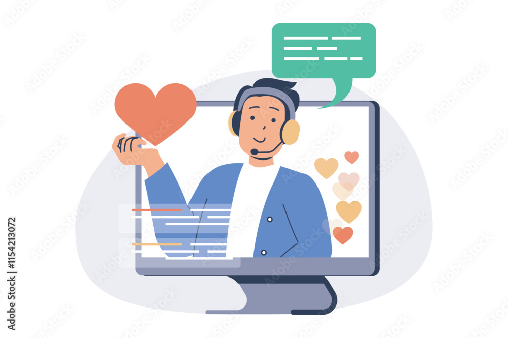 Fototapete Video streaming web concept with flat cartoon people for website design. Man creating blog content and making live broadcasting, communicating with flowers and collecting likes. Vector illustration.
