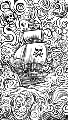 Fototapeta premium Pirate Ship Coloring Page, Swirling Sea, Skull Design, Nautical, Adult.