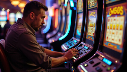 A man plays slot machines in a brightly lit casino engrossed in the game.