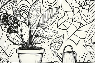 Plant Potted, Watering Can, Abstract Art Background, Home Decor, Line Art Illustration.
