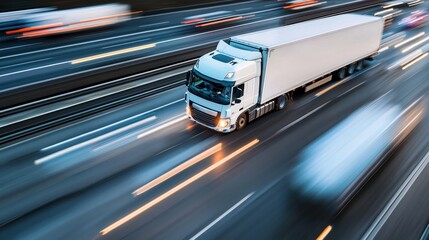 Fast-paced freight transport highway motion blur urban environment aerial view dynamic logistics