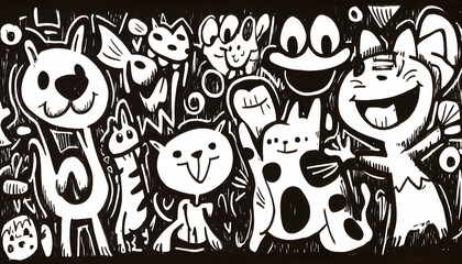Fototapeta premium Playful doodle pets party banner, black background, whimsical design, social media graphic.