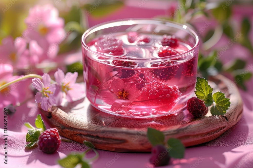Poster sparkling raspberry lemonade infused with delicate flowers and mint, creating a vibrant and refreshi