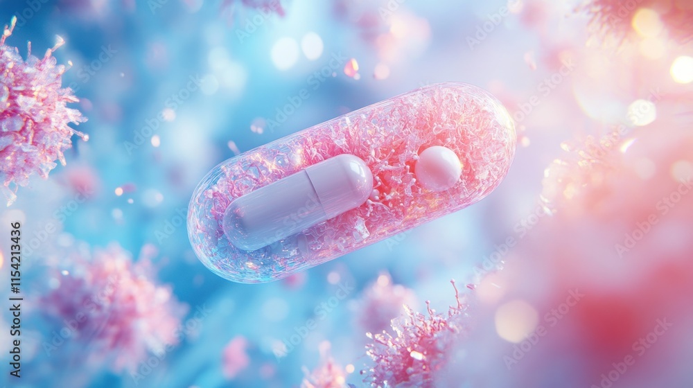 Poster capsule with smaller pill inside, surrounded by virus particles.