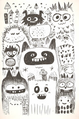Playful monsters sketch, whimsical background, children's book illustration.
