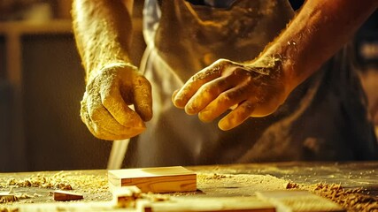 In a warm, sunlit workshop, a skilled male artisan meticulously shapes wood with focused hands, surrounded by sawdust. The ambiance reflects a passionate craft, emphasizing dedication and artistry.