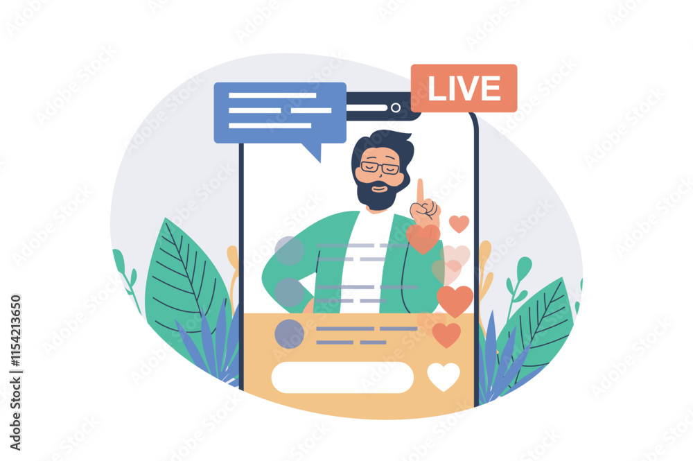 Aufkleber video streaming web concept with flat cartoon people for website design. man making live broadcastin