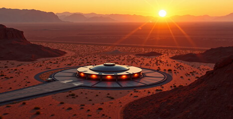 Futuristic UFO landing site at sunset in desert landscape