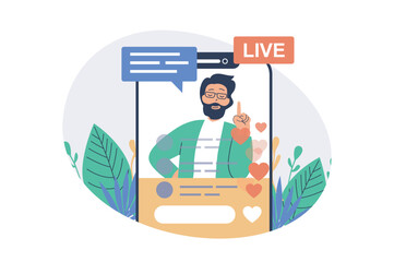 Video streaming web concept with flat cartoon people for website design. Man making live broadcasting, communicating with flowers, speaking to audience in social media in app. Vector illustration.
