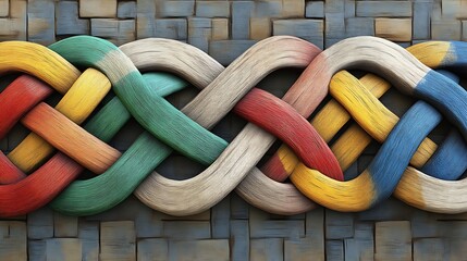 Colorful interwoven wooden knot pattern on stone background.