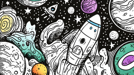 Naklejka premium Rocket launching through colorful nebula, space exploration, cosmic background, kids coloring page.